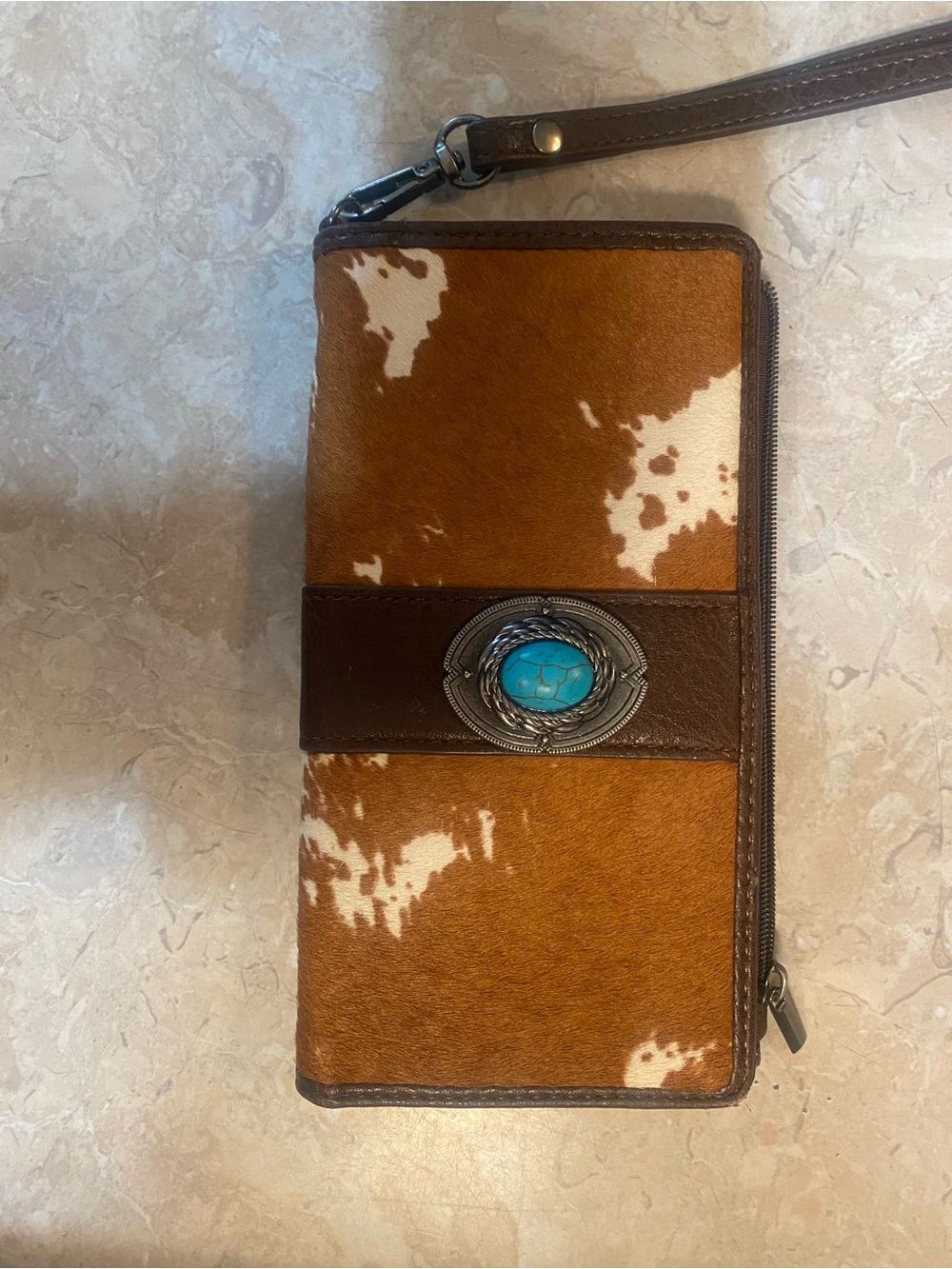 Tony Lama Brown and White Cowhide Wallet with Turquoise Accent - Picture 3 of 4